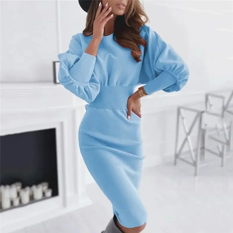 Mulheres elegantes escritório lanterna manga vestidos de festa senhoras o pescoço bodycon vestido outono inverno sólido midi vestido 2024 — image 7