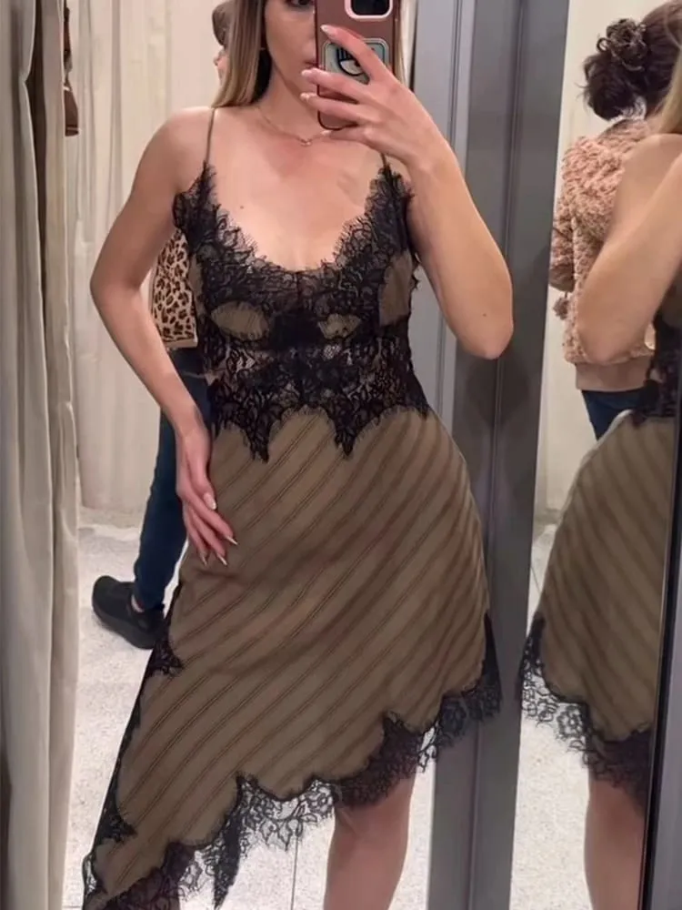 2026 New Women's Lace Trim Cut Out Dress Sleeveless Asymmetric Hem Long Sling Dress Lady Fashion Elegant Party Streetwear — image 2