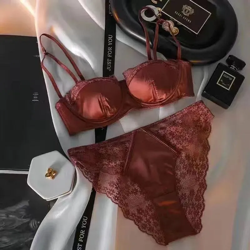 European American Satin Half Cup Bra Set Underwired Push Up Thin Smooth Green Lace Comfort Ladies Lingerie 32-38 Hot Trend S-xl