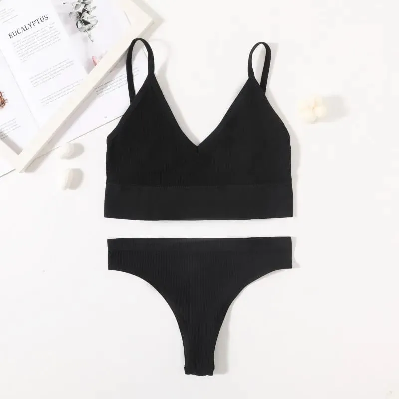 Women Seamless Bra And Panties Set Low Waist High Leg Cut Thongs Non-Wire Bra Top Sexy Lingerie Ladies U-Back Underwear Set — image 6