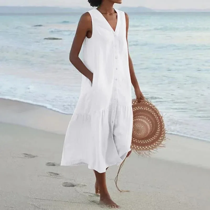 Verão solto casual retalhos algodão linho pocktes vestido com decote em v estilo praia vestido sem mangas vintage clube midi sólido vestido feminino — image 9