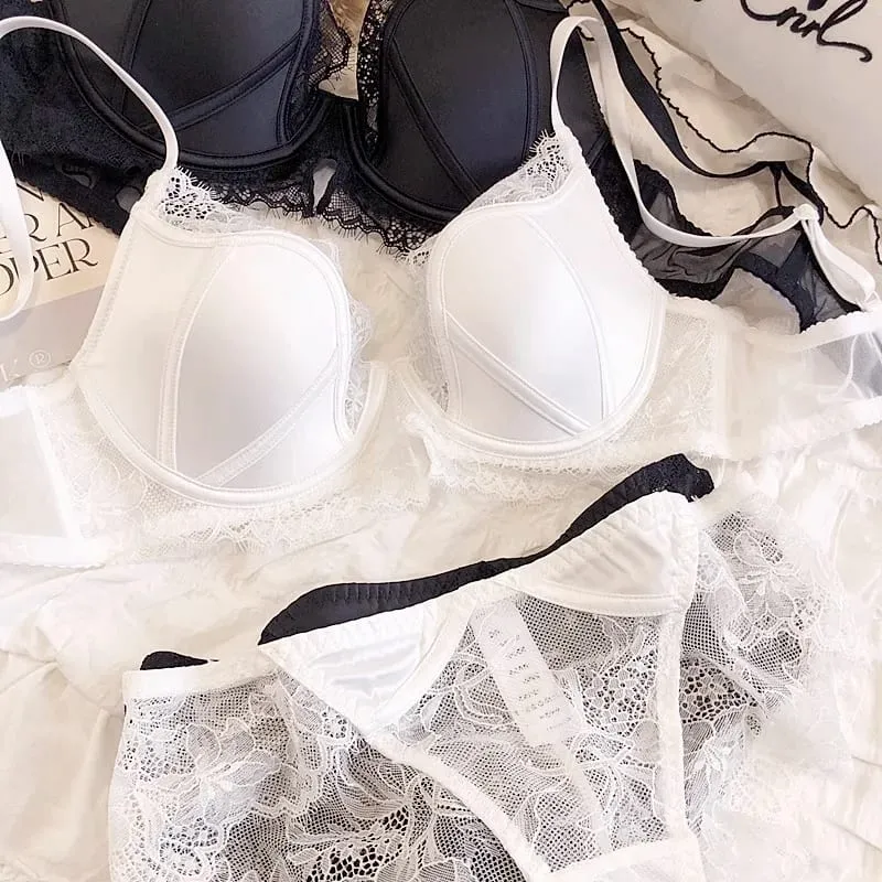 Doce pequeno fresco profundo-v copo fino roupa interior de renda feminina conjunto de sutiã sexy com tamanho grande bc tamanho push up lingerie com cuecas — image 10