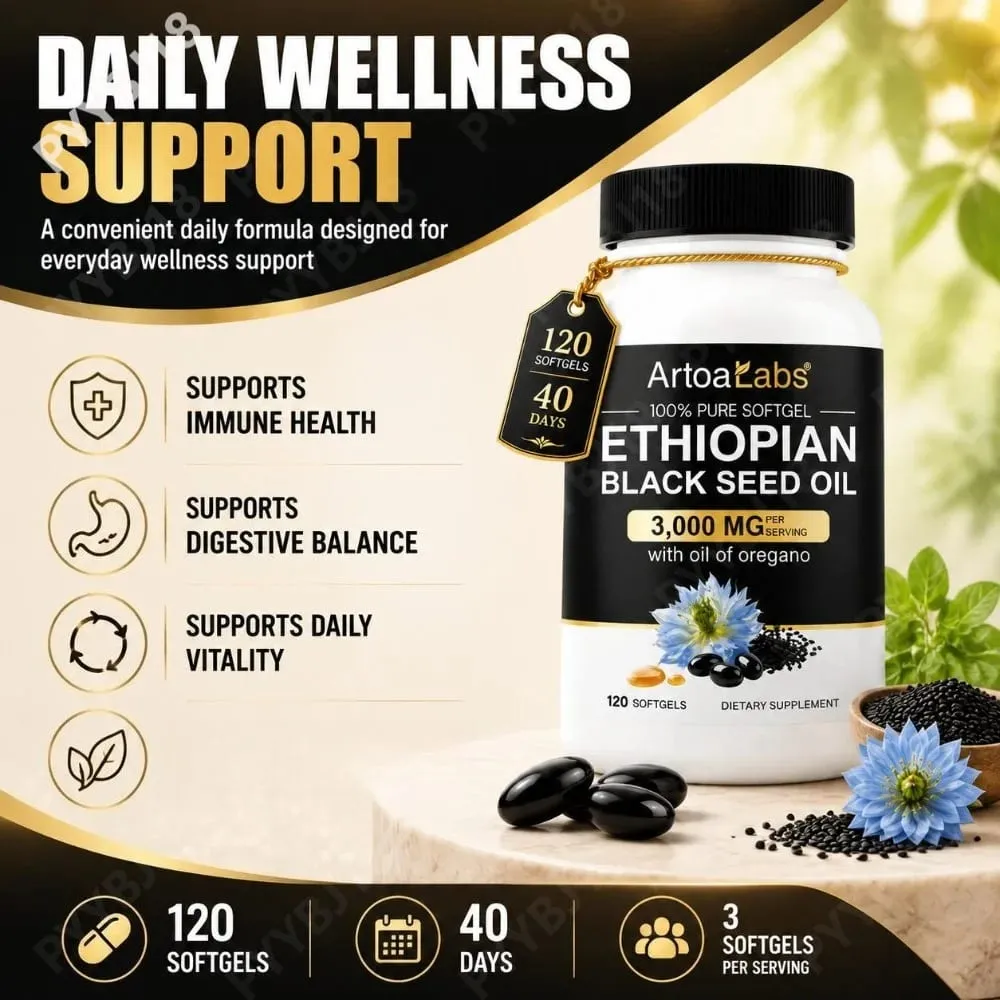Óleo de semente preta etíope 3000 mg cápsulas moles com óleo de orégano apoiam a saúde imunológica, equilíbrio digestivo e vitalidade diária 120 contagens — image 2