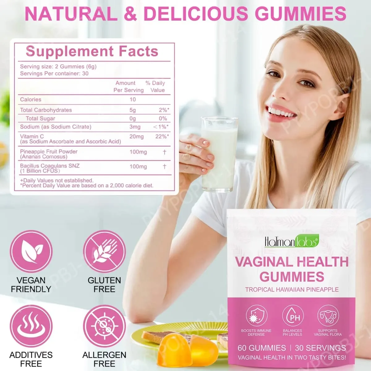 HolmanLabs Vaginális Egészségügyi gumicukor C-vitaminnal és probiotikumokkal támogatja a hüvelyflórát, segít kiegyensúlyozni a pH-szintet 60 gumicukor — image 2