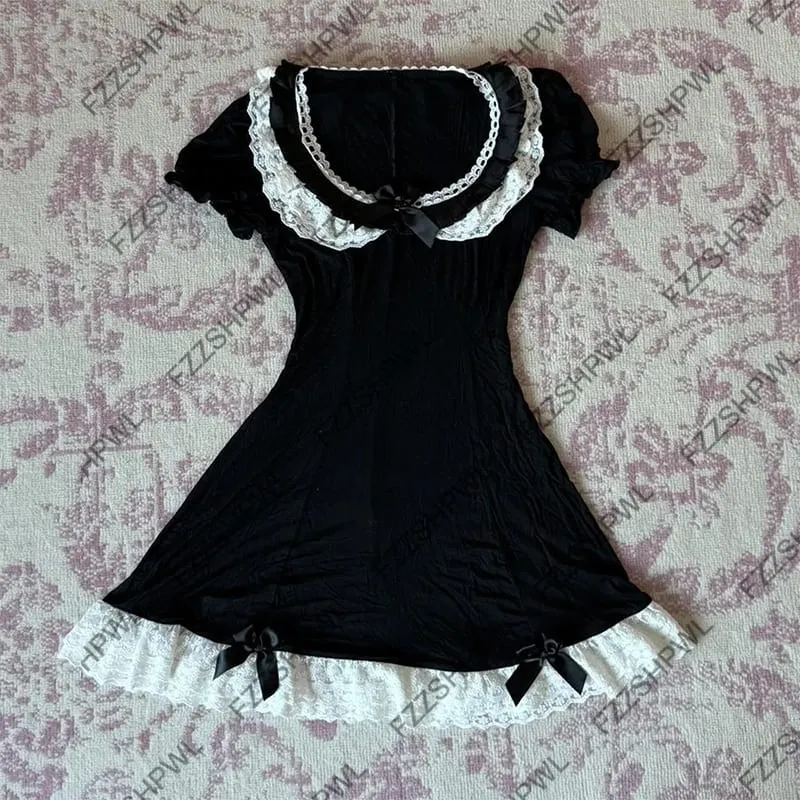 Y2K Dres Korean sweet style Subculture Lace Harajuku A-line skirt Rock Goth Streetwear Bowknot Frock Punk Spicy Girls Skirt Chic