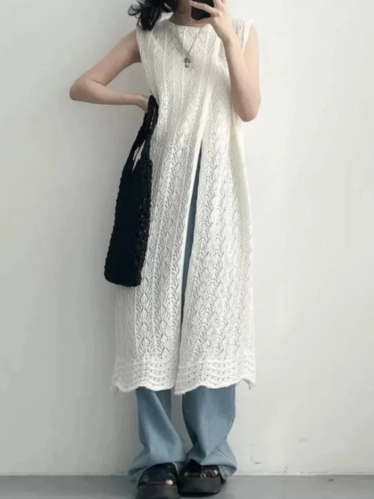 Zjaiss Women's 2026 Early Spring Japanese Retro Sweet Sweater Dresses Hollow Out Knit Irregular Long Sleeveless Vest Dress — image 2