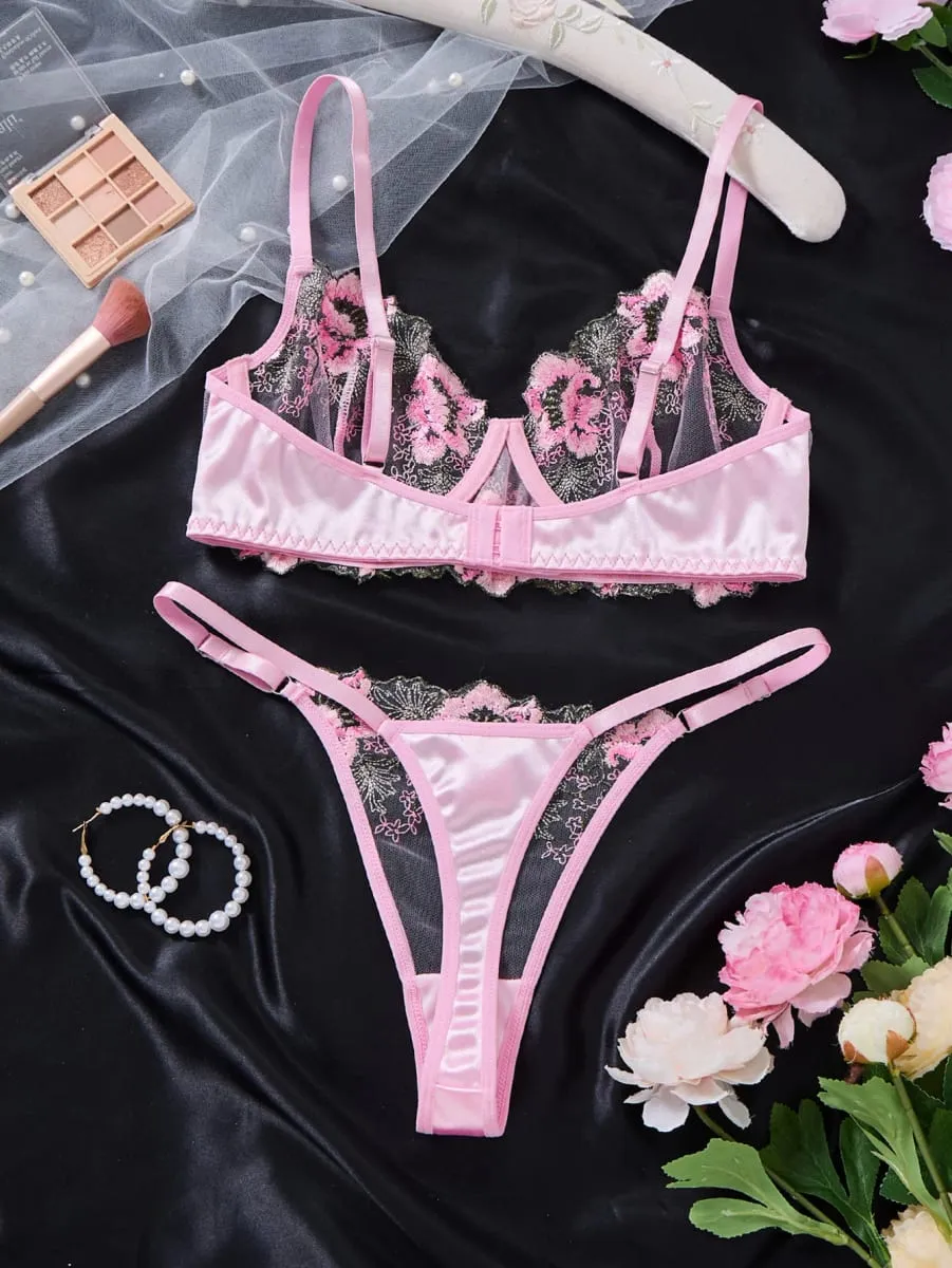 Women Floral Embroidery Lace Lingerie Set Push‑Up Bra & Thong Mesh Satin Intimate Underwear for Daily Nightwear ZA825146 — image 2