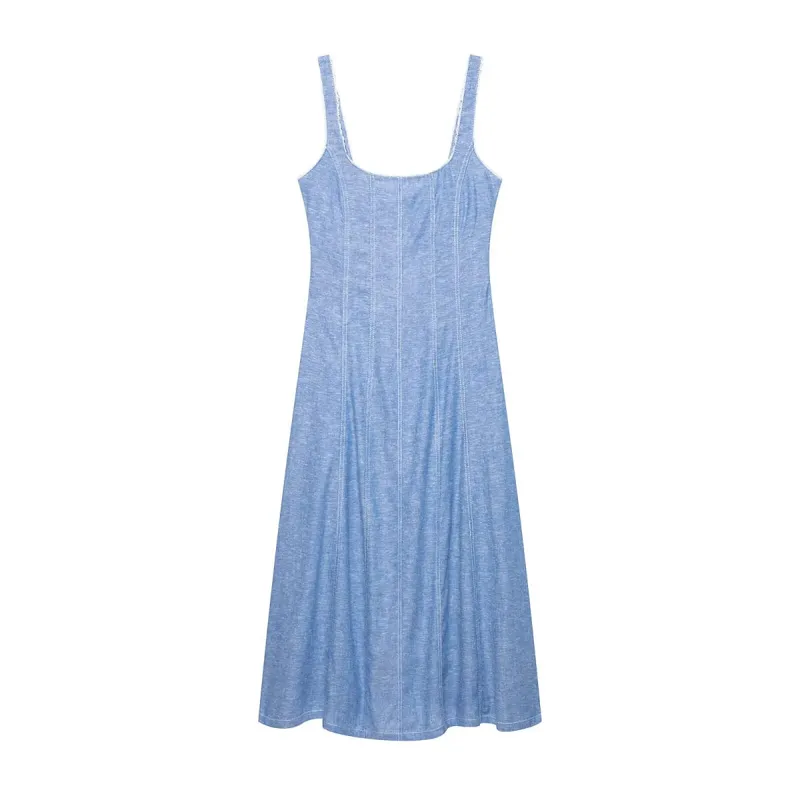 Women's Lace Trim Dress Summer New Square Collar Wide Strap Sleeveless Midi Dress Fashion Casual Female Daily Commute Dresses