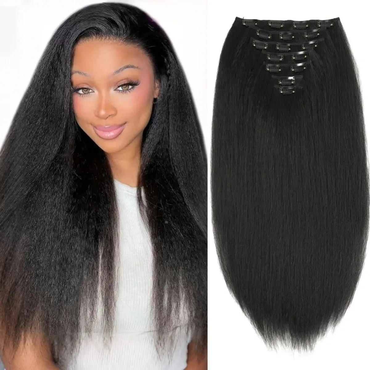 Synthetic Kinky Straight Clip in Hair Extensions 7pcs 16Clips Yaki Straight Clip Ins 22Inch/55cm Full Head Hair Extensions — image 2