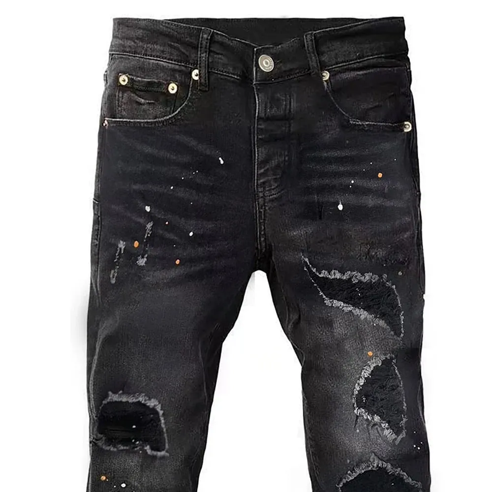 Men Holes Ripped Denim Jeans Streetwear Slim Tapered Stretch Pants Painted Black Trousers — image 3