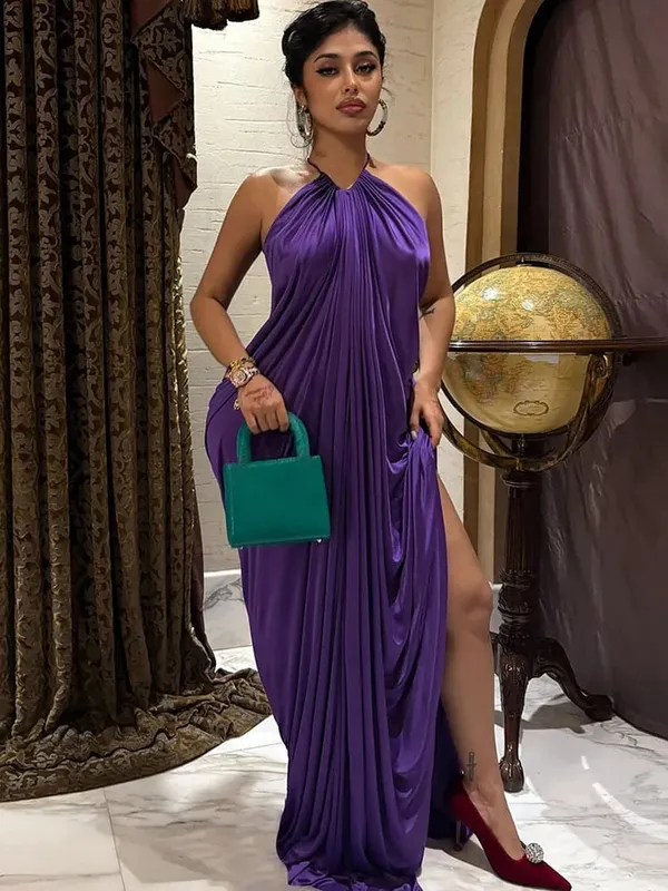Estranho gato elegante ruched halter vestido mulher sexy sem mangas verão tendência de seda vestido magro robe férias banquete festa vestidos