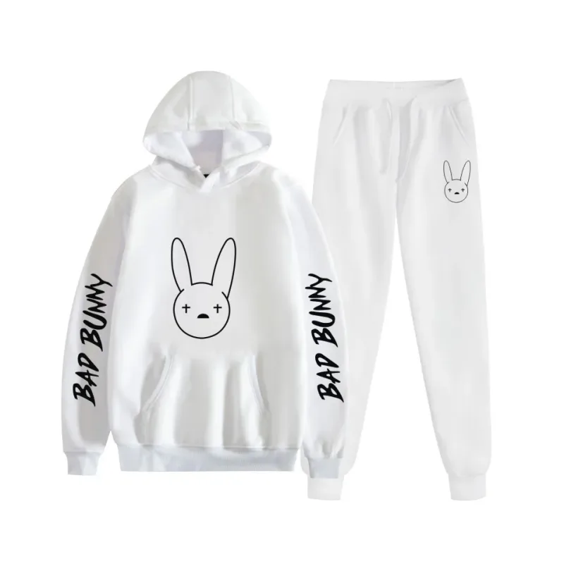 Harajuku Bekväm bad bunny Tryck Sweatshirt Träningsbyxor Kostym Dam Luvtröjor+ Byxor Kostym Pojkar/Flickor 2-delat set Kläder — image 9