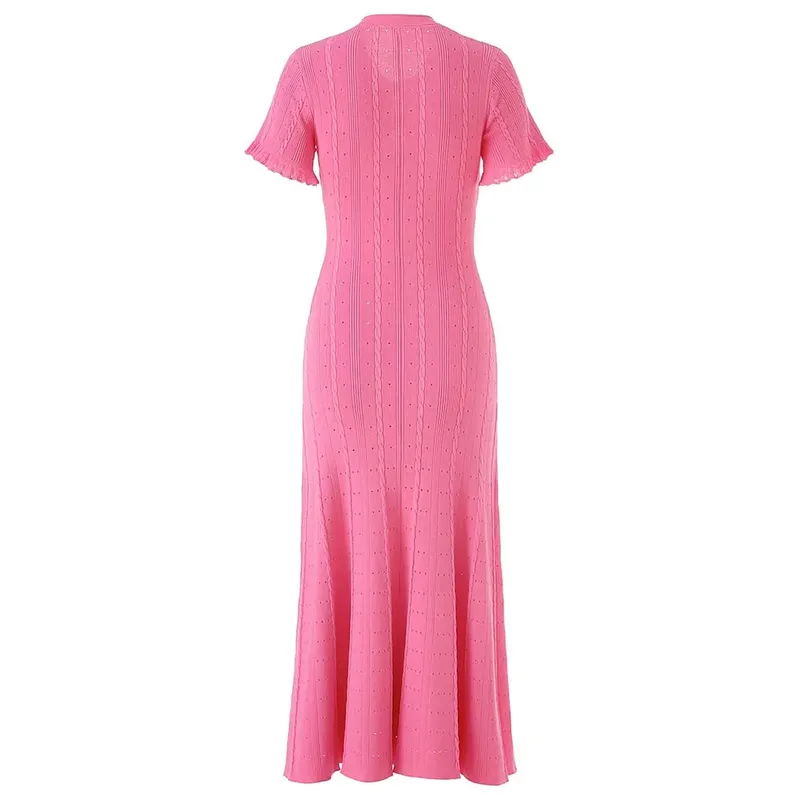 Summer Elegant Lady Knitted Single Breasted Long Dresses Women Solid Short Sleeve O Neck Button Bodycon Party Female Vestidos — image 13