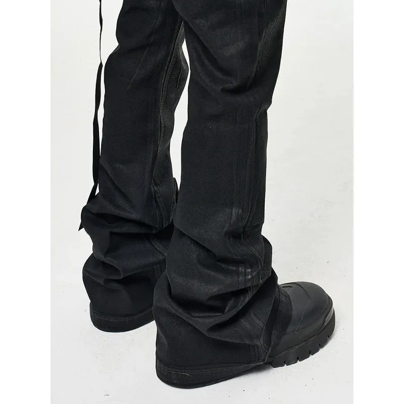 2026 High Street Coated Brushed Micro-flared Floor-length Jeans for Men Retro Street Wear Loose Micro-elastic Waxed Pants — image 5