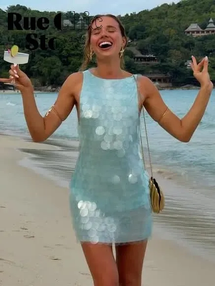 Sexig paljett Rygglös Ärmlös klänning Kvinnor Chic High Waist Bodycon Sling Miniklänningar 2026 Lady Beach Vacation Party Club Wear — image 5