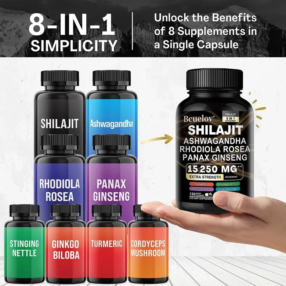 Shilajit 9000 Ginseng 1500MG Ashwagandha 2000MG - Extratos complexos de plantas naturais 8 em 1 fornecem energia, força muscular imunológica — image 2