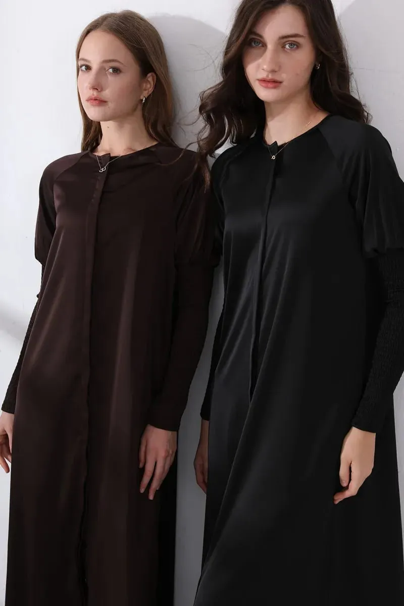 AS 2024 roupas femininas vestido de cetim com design de botão e manga maxi vestido (envio em 1 dia) — image 6