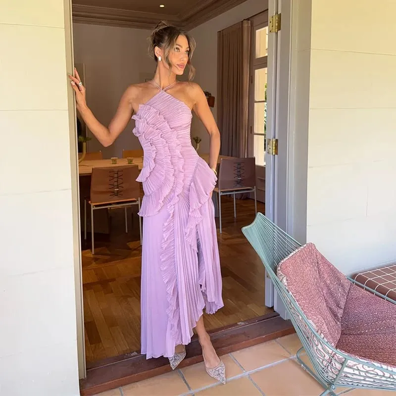 Elegant Neck Strap Ruffles Evening Gown Solid Folds A Line Lace Up Backless Sexy Party Dress 2025 Bagong Party Bakasyon Y2k Robe — image 3