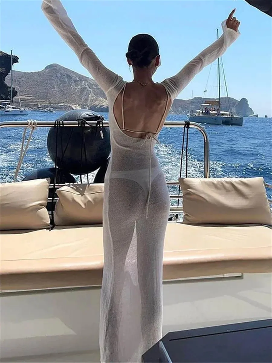 Women Summer Mesh Wrapped Dress Long Sleeve Round Neck See Through Sunscreen Solid Color Backless Beach Long Dress — image 3