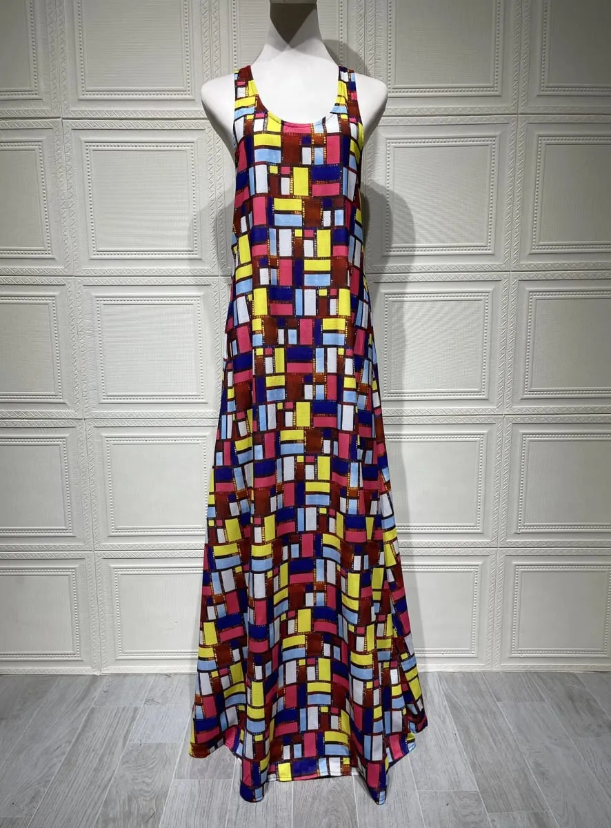 Colored Squares Sleeveless Long Dresses Women Fashion Sexy U-neck Pocket Loose Maxi Dress Summer Lady Vacation Commuting Vestido — image 6