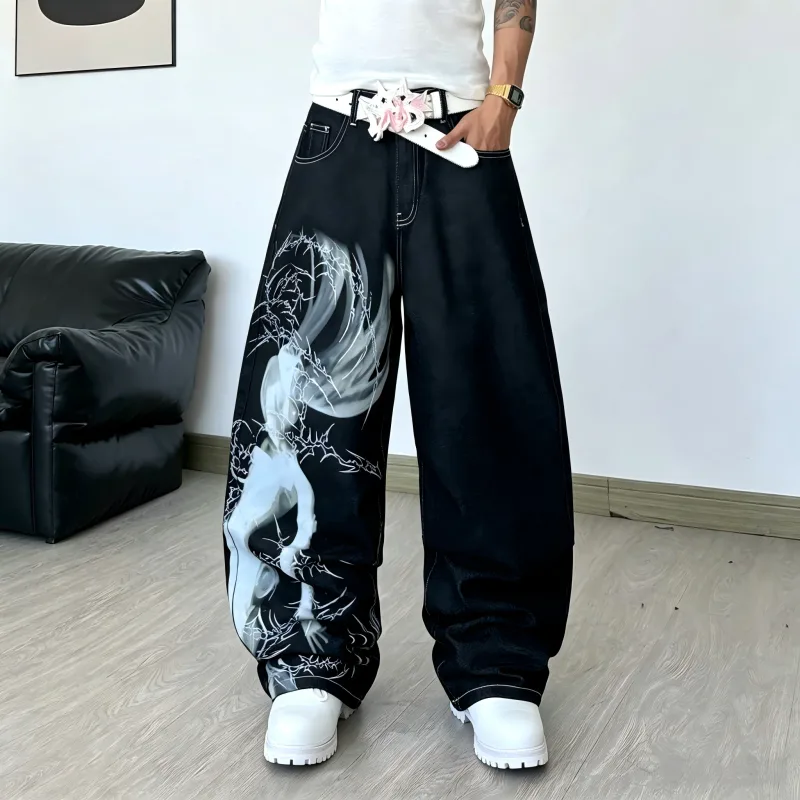 Men's High Street Dark Anime Character Thorn Print Black Baggy Wide-Leg Jeans Y2K Street Hip-Hop Punk Fashion Versatile Pants