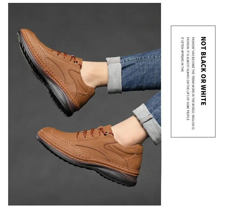 Men Handmade Stitching Cowhide Shoes Casual Lace Up Walking Footwear Comfort Non Slip Rubber Sole Breathable Outdoor Daily Shoes — image 8