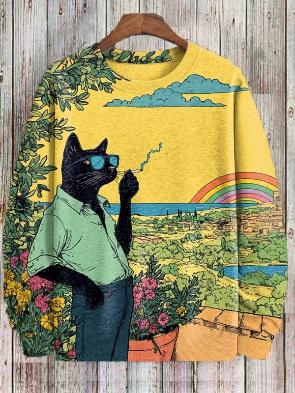 Djurkatttröjor för män Långärmad tröja O-halsmode Cool dagligen 3D-tryckta japanska konsttryck Casual sweatshirts