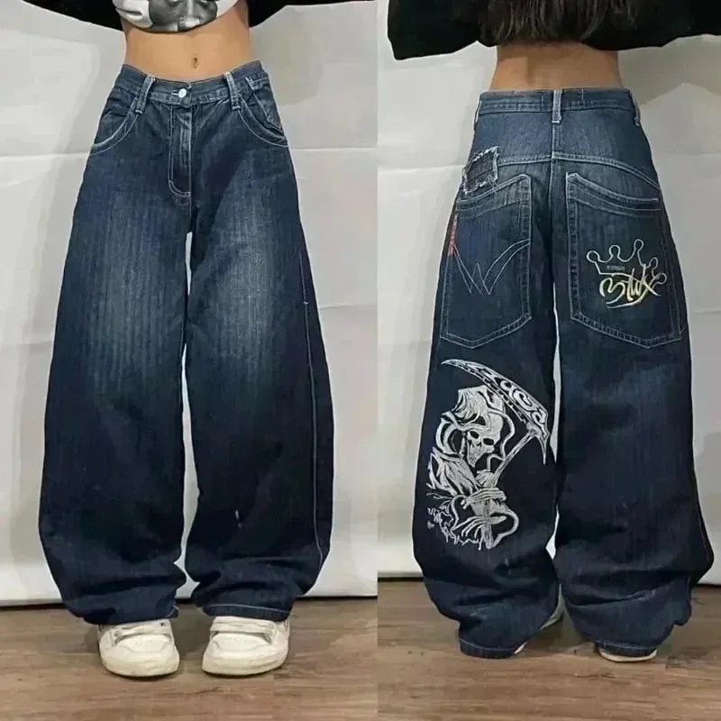 American Y2K Hip Hop Fashion Trend Skull Embroidery Spot Jeans Men Street Loose Straight Wide-leg Pants Couple Oversized Jeans — image 19