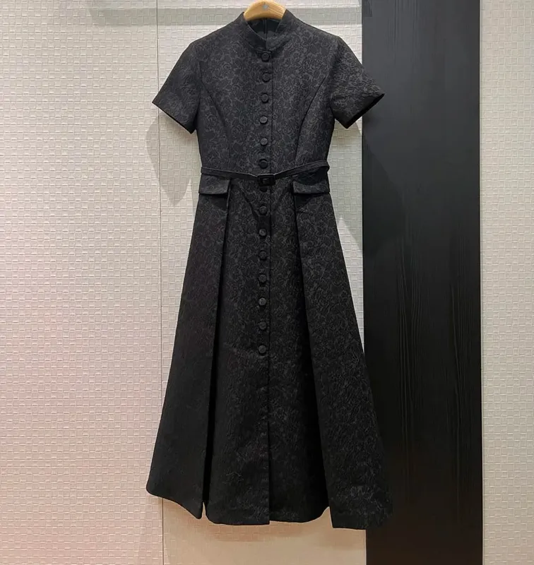 3D flowers embossed pattern 2026 spring women single breasted long dresses belt pockets dress black white