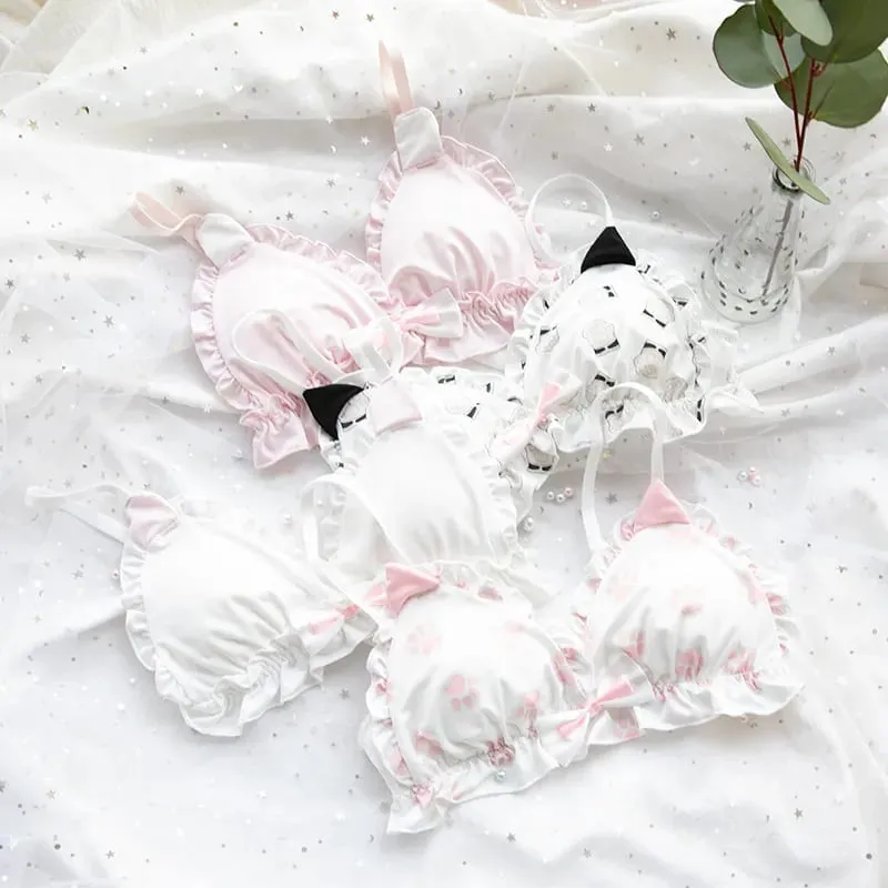 Japanse zachte meisjesbeha set schattig katje pootontwerp melkzijde stof draadvrije driehoekige cup dameslingerie — image 3