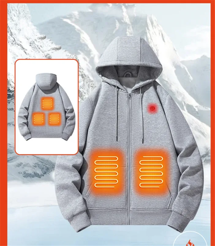 USB Heating Luvtröjor Herr Vinter Eluppvärmda Luvtröjor Jackor Uppvärmd Zipper Hoodie Infraröd 5 Värmeområden Jacka Svart Grå — image 5