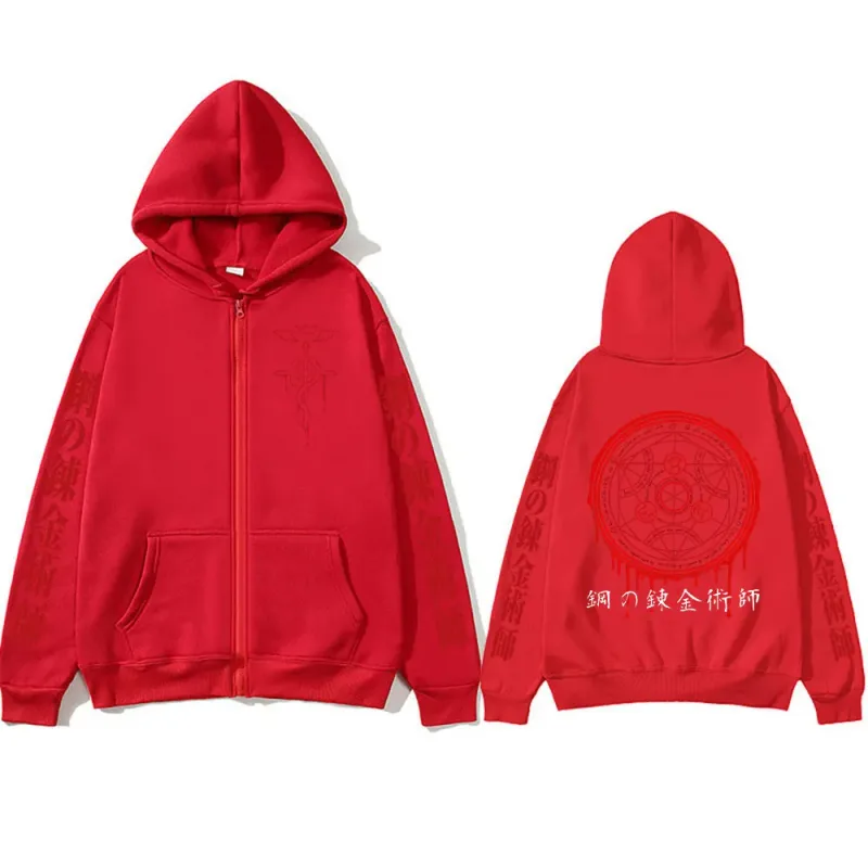Anime Fullmetal Alchemist Logo Print Zipper Hoodies Men's Clothing Fleece Zip Up Hooded Sweatshirts Long Sleeves Pullovers Coat