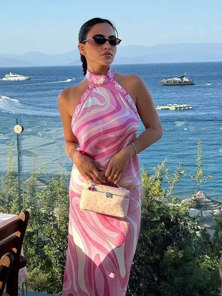 Senhora sexy impresso halter vestido sem mangas fora do ombro sem costas solto irregular chique robe 2026 feminino férias rua vestidos