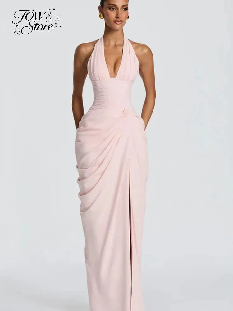 Elegant Solid Pleated Halter Women's Dress Fashion Sleeveless Backless Waist-cinching Split Maxi Dresses Summer Party Gowns 2026 — image 6