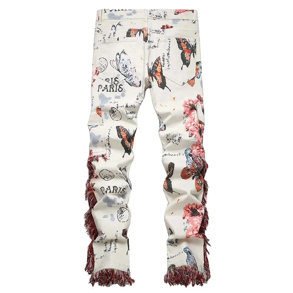 Men Butterfly Print Denim Jeans Flower Pattern White Stretch Cotton Slim Pants Tassels Multi Pockets Cargo Trousers Good Quality — image 2