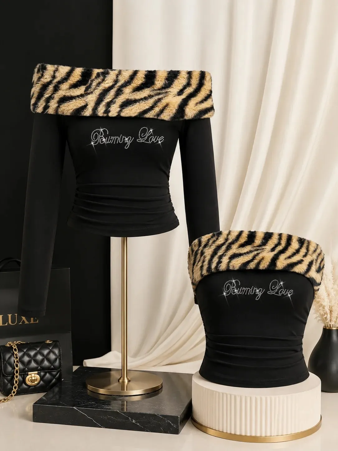 Women Y2K Tiger Print Faux Fur Trim Off Shoulder Top Rhinestone Burning Love Lettering Ruched Waist Fitted Bodycon Cropped Long Sleeve Bardot Tube Top Baddie Going Out Party Club,christmas valentine halloween cosplay costume plus size petit — image 5