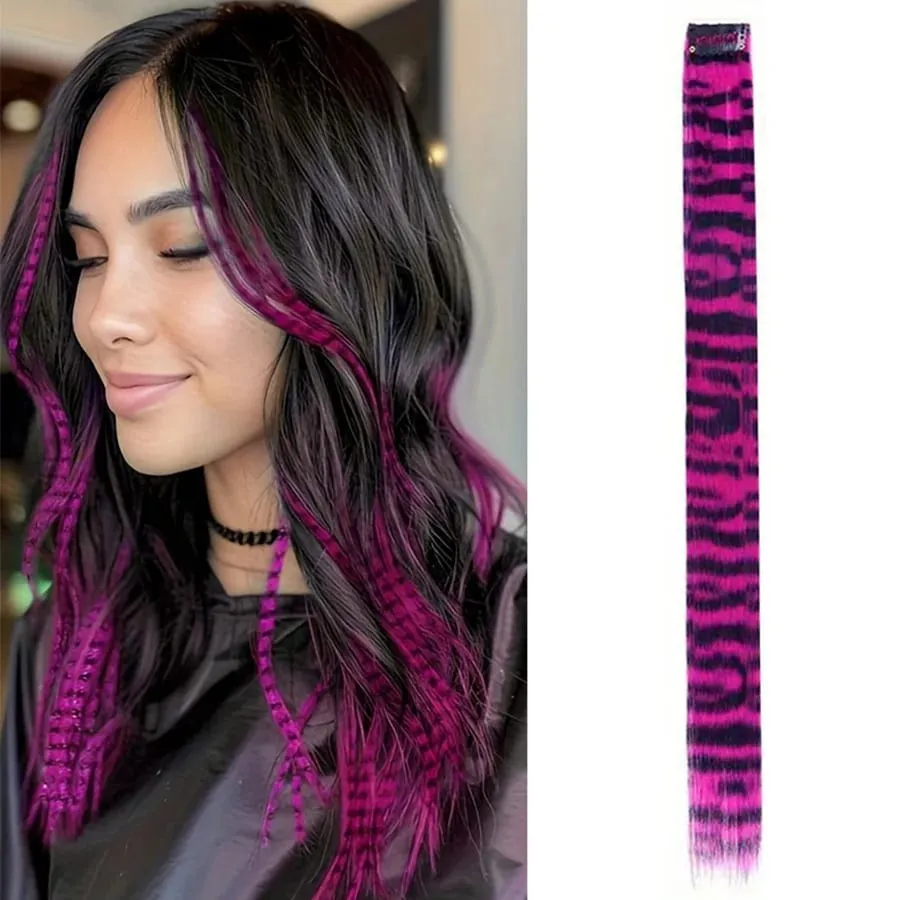 Stripe Printed Clip in Hair Extensions Colorful Synthetic Hair Highlights 18 Inches Straight Wig Hairpieces for Daily Use Party