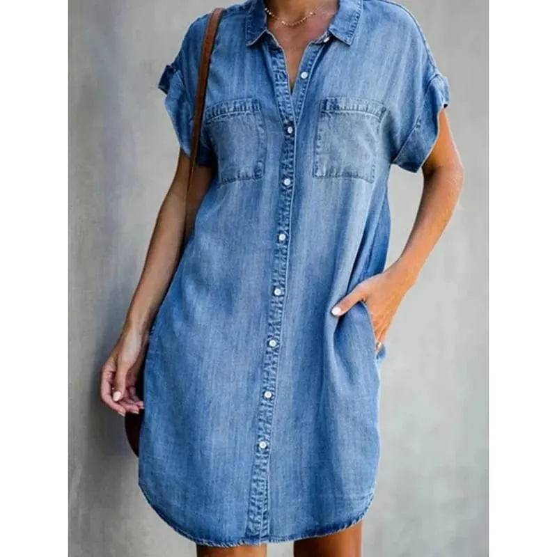 Verão novo único breasted denim camisa vestido feminino casual bolso solto simples retro commuter feminino escritório denim saia curta