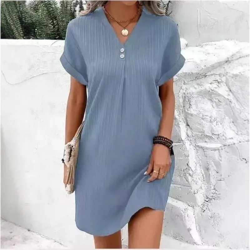 Women's Summer Solid Color Simple Short-Sleeve V-Neck Shirt Dress Comfortable Casual Elegant Loose-Fit Dress with Button Desig — image 4