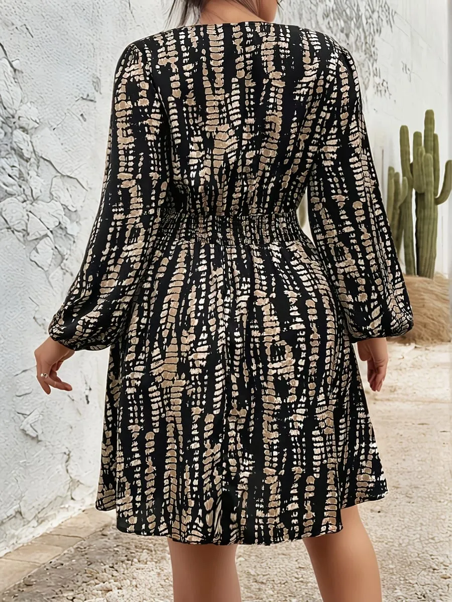 Elegant Directed Cross Neck Pleated Long Sleeve Waist Cinched Floral Print Midi Dress — image 3