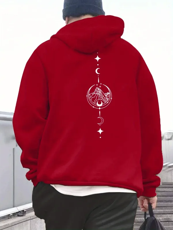 Men Celestial Mountain Back Print Hoodie Moon Star Vertical Line Art Graphic Hooded Sweatshirt Casual Outdoor Streetwear Kangaro