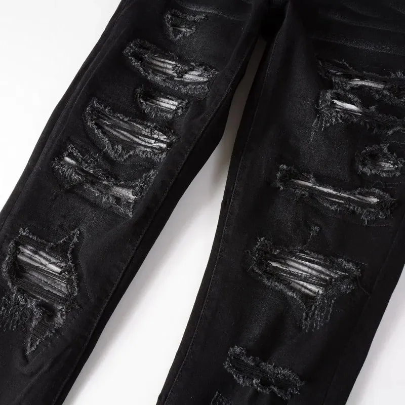 Homens plissados remendo motociclista jeans streetwear magro cônico estiramento denim calças rasgadas retalhos preto — image 4