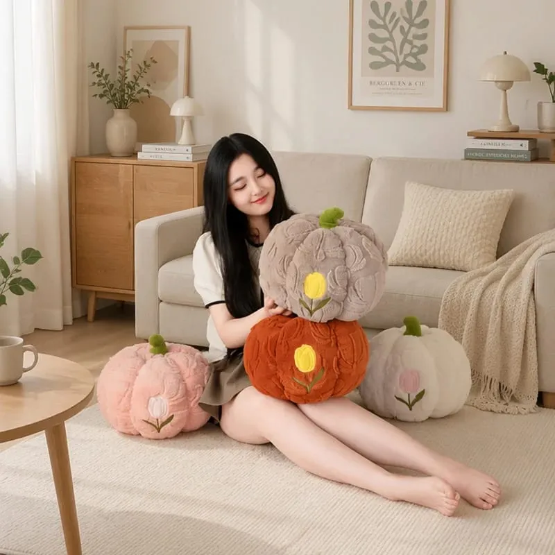 Cute Pumpkin Throw Pillow With Tulip Embroidery Soft Plush Pumpkin Shaped Cushion Pillow For Sofa Living Room Hallowmas Gifts — image 5