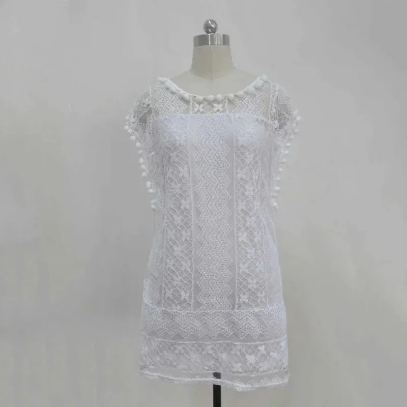 Summer White Women Dress 2024 Casualless Sleeveless Beach Short Dress Pambabae Sexy Tassel Mini Lace Dress Vestidos De Tricô Femenino — image 4