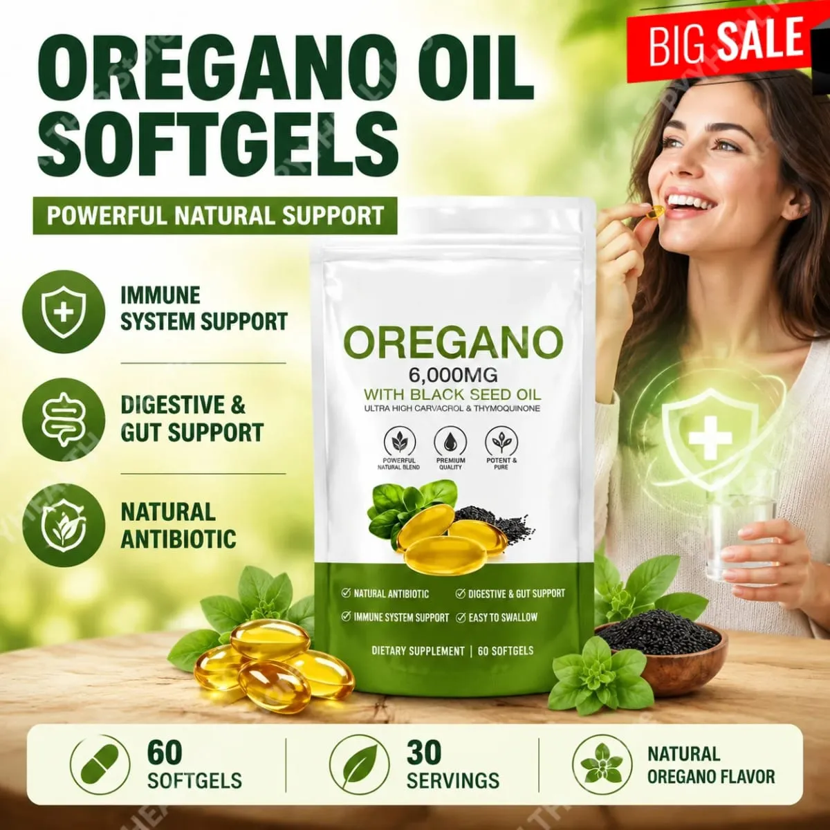 Oil of Oregano Softgels with Black Seed Oil 6000mg 165mg Carvacrol Thymoquinone Gluten Free Daily Wellness 60/180 Softgels — image 1