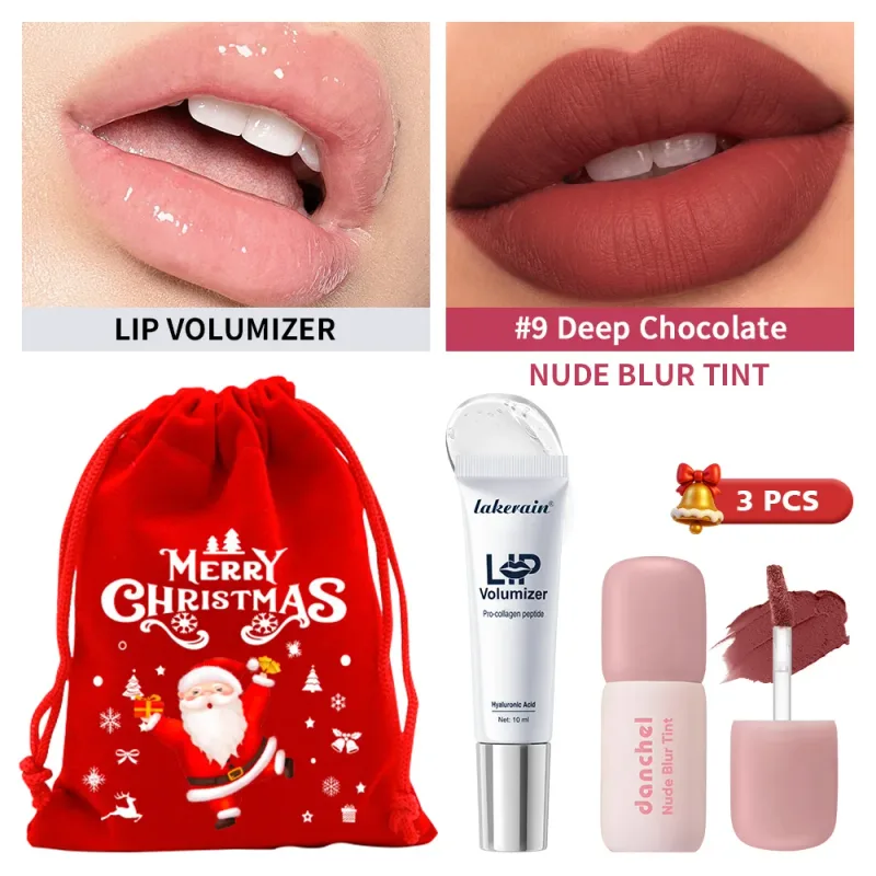 3 Pcs Christmas Lip Set Lip Volumizer Serum & Nude Blur Lip Tint Moisturizing Plumping Long Lasting Matte Lip Makeup Holiday Kit — image 14