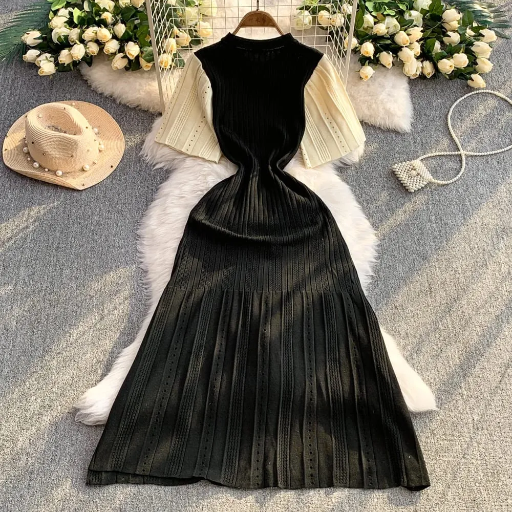 YuooMuoo Women Dress 2026 Spring at Summer Elegant Patchwork One-Piece Knitted Maxi Dress Office Lady Slim Waist Sweater Dress — image 6