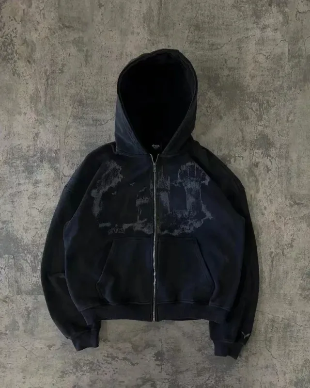 Mens Zip Up Hoodie Azul Escuro Asas Imprimir Gráfico Exclusivo Y2K Streetwear Americano Urbano Pulôver Roupas Juvenis Moletom Com Capuz — image 6