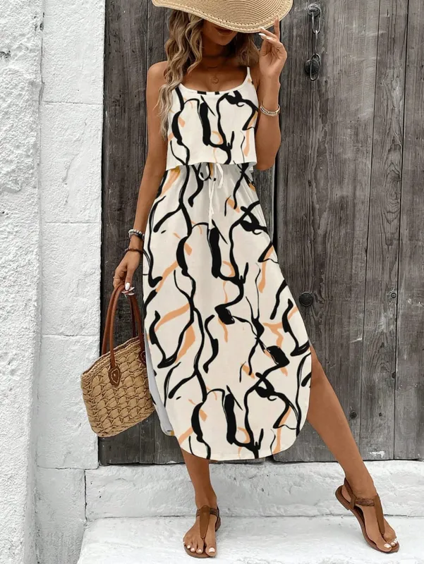 Pambabaeng Summer Spaghetti Strap Dress na may Belt at Side Slit - Casual Sleeveless Flowy Dress — image 8