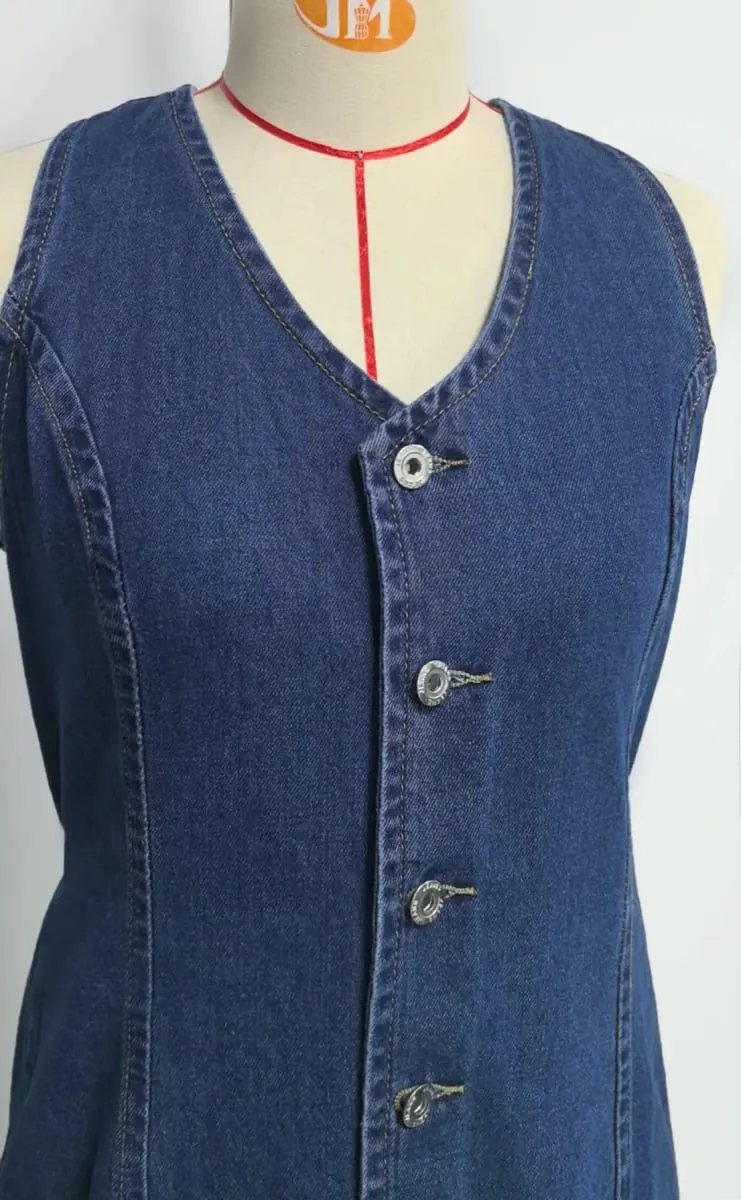 Vestido jeans feminino, vestidos de comprimento médio, colete, y2k, moda urbana, elegante, festa noturna, trabalho, gola v, sem mangas, cintura apertada — image 6